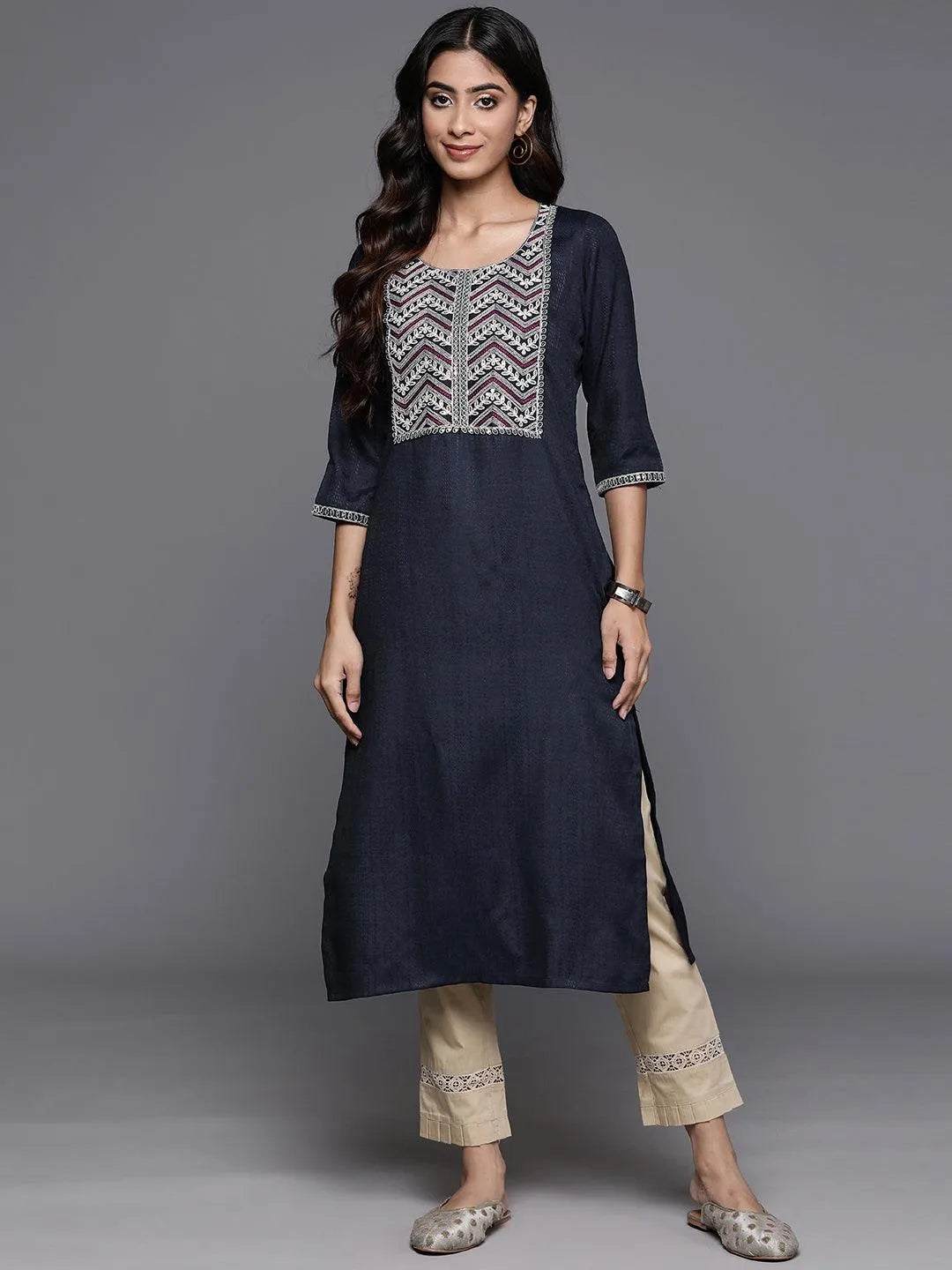 Navy Yoke Design Rayon Straight Kurta - Libas 