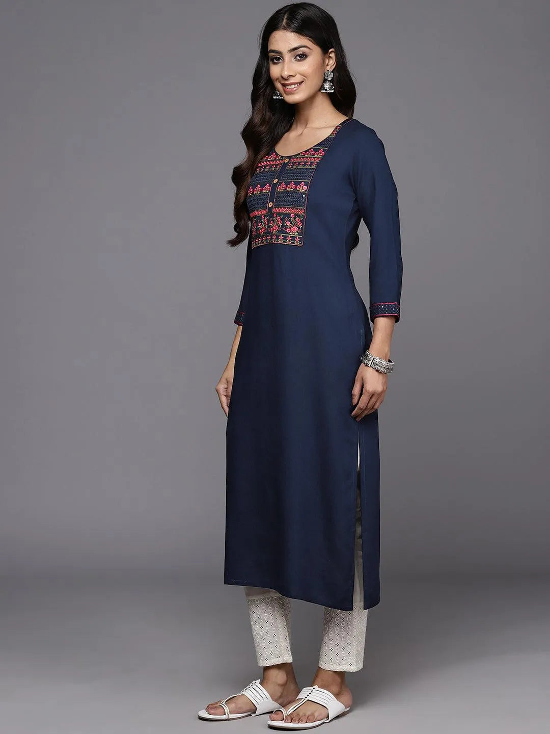 Navy Yoke Design Rayon Straight Kurta - Libas 