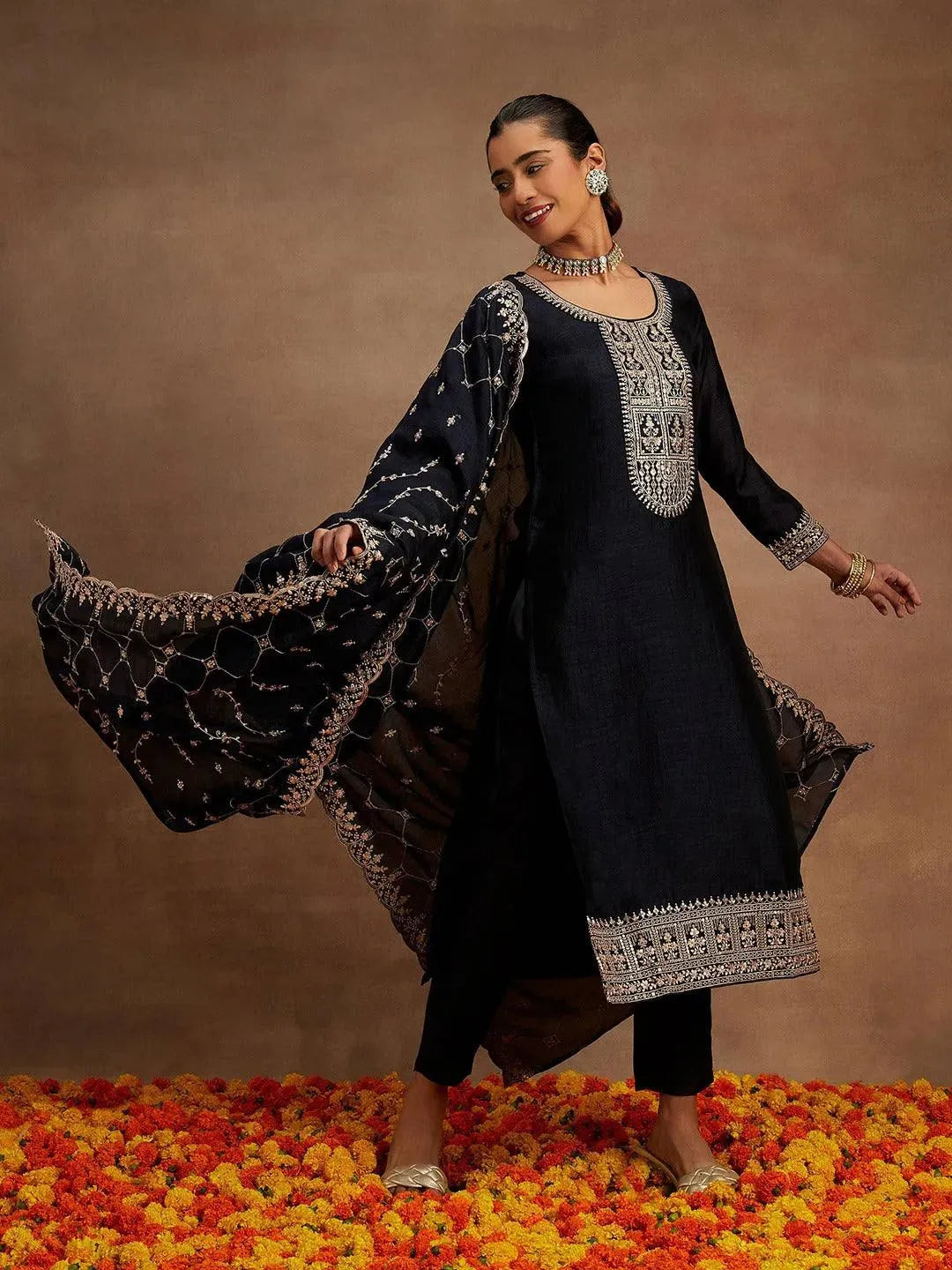 libas Navy Blue Yoke Design Silk Blend Straight Suit With Dupatta-picture-65