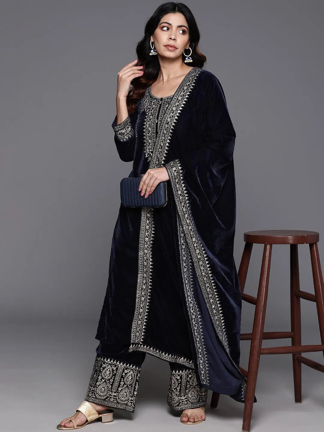 Navy Yoke Design Velvet Straight Kurta With Palazzos & Dupatta - Libas