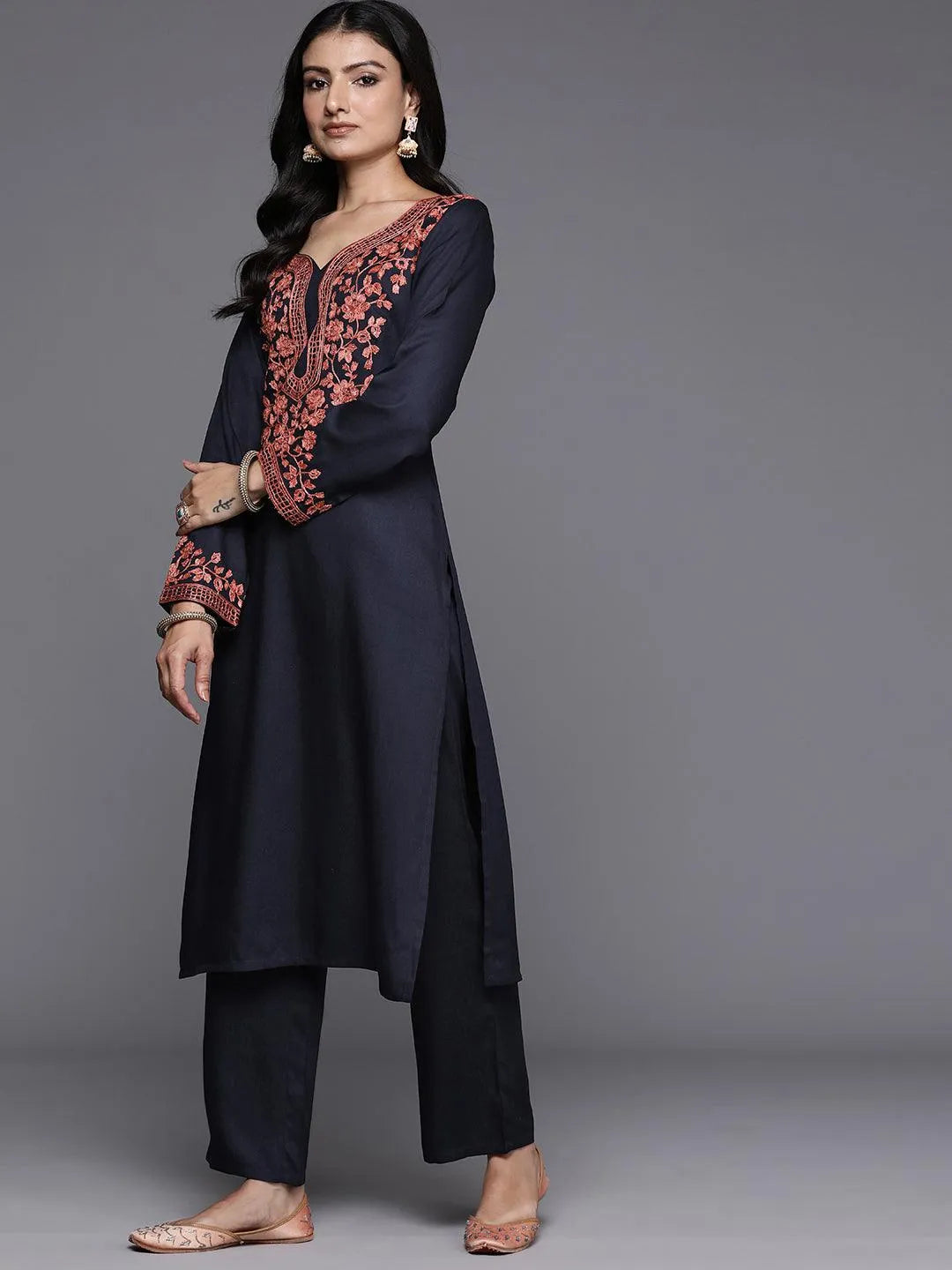 Navy Yoke Design Wool Blend Straight Kurta With Palazzos - Libas 