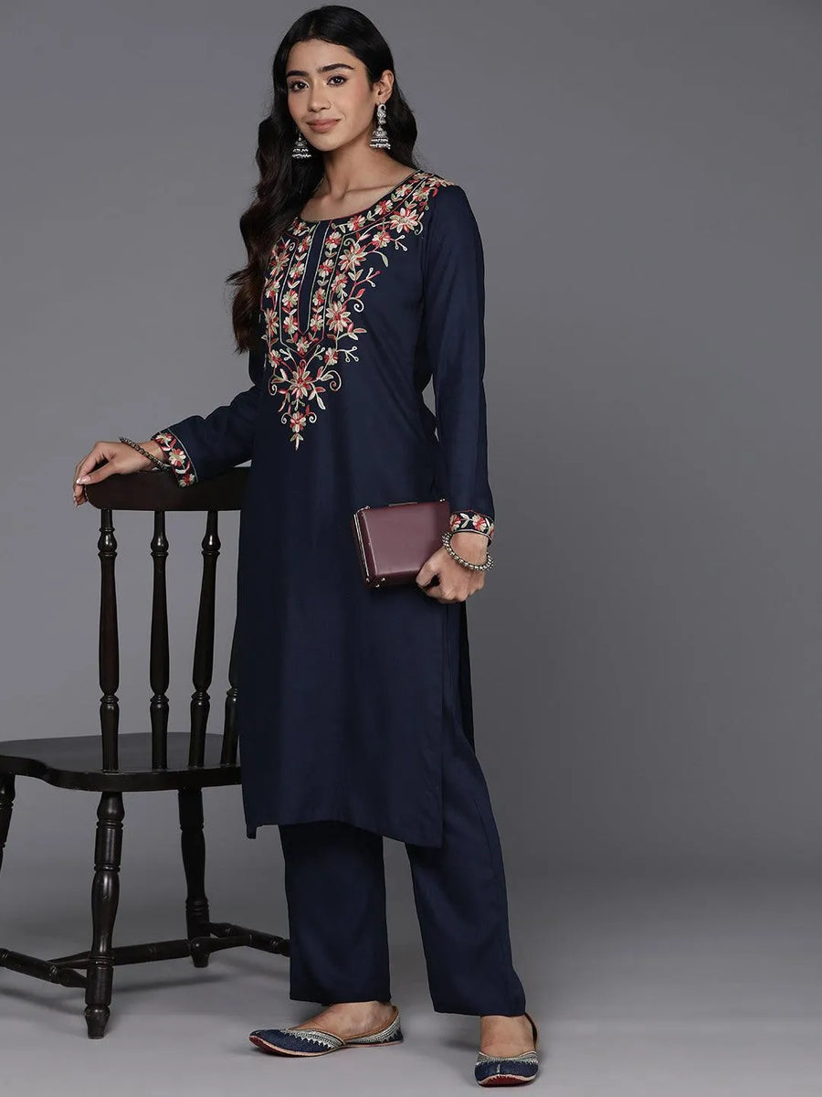Women Blue Silk Blend Solid Yoke Design Straight Kurta Palazzos With Dupatta main image 1