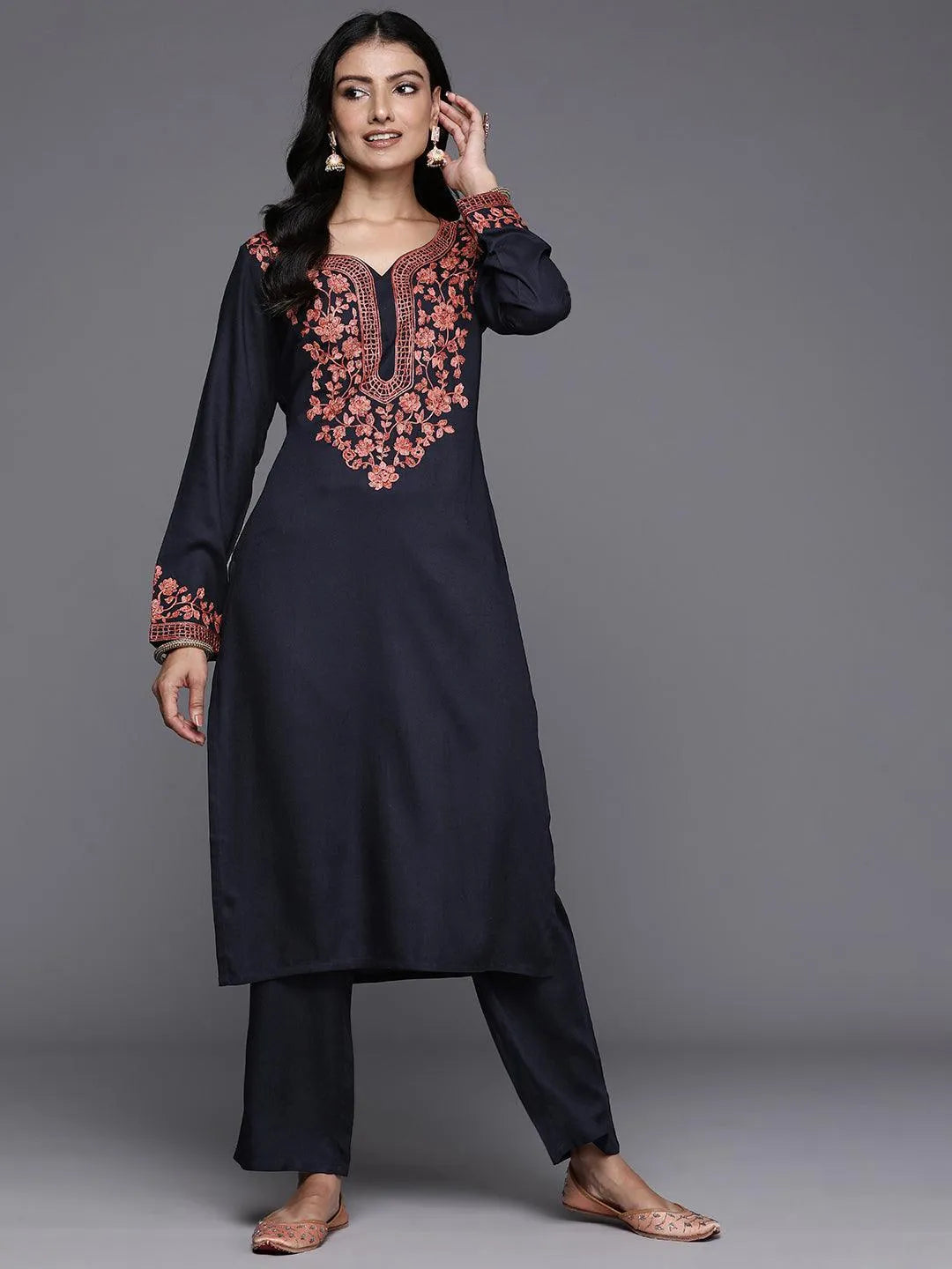 Navy Yoke Design Wool Blend Straight Kurta With Palazzos - Libas 