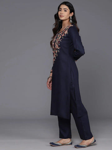 Women'S Navy Blue & Pink Yoke Design Kurta With Palazzos