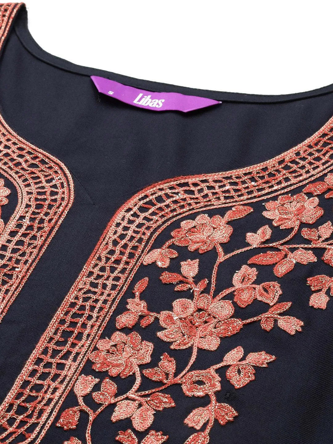 Navy Yoke Design Wool Blend Straight Kurta With Palazzos - Libas 