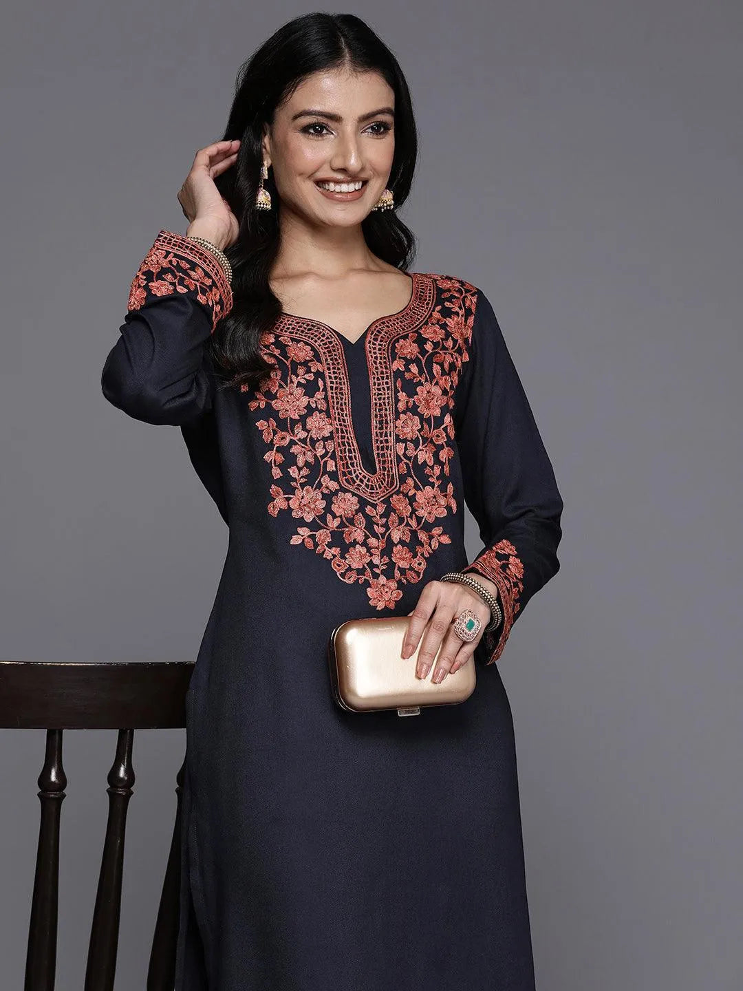 Navy Yoke Design Wool Blend Straight Kurta With Palazzos - Libas 