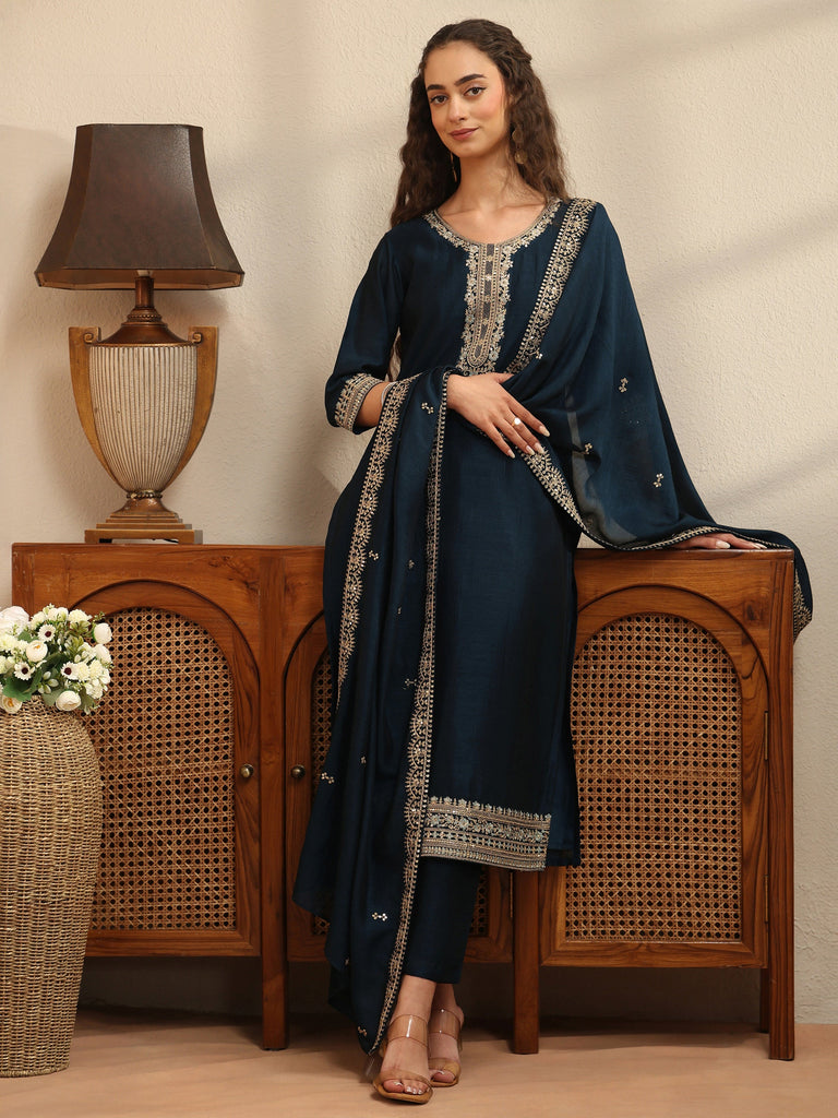 Libas Navy Yoke Embellished Chanderi Silk Straight Suit Set