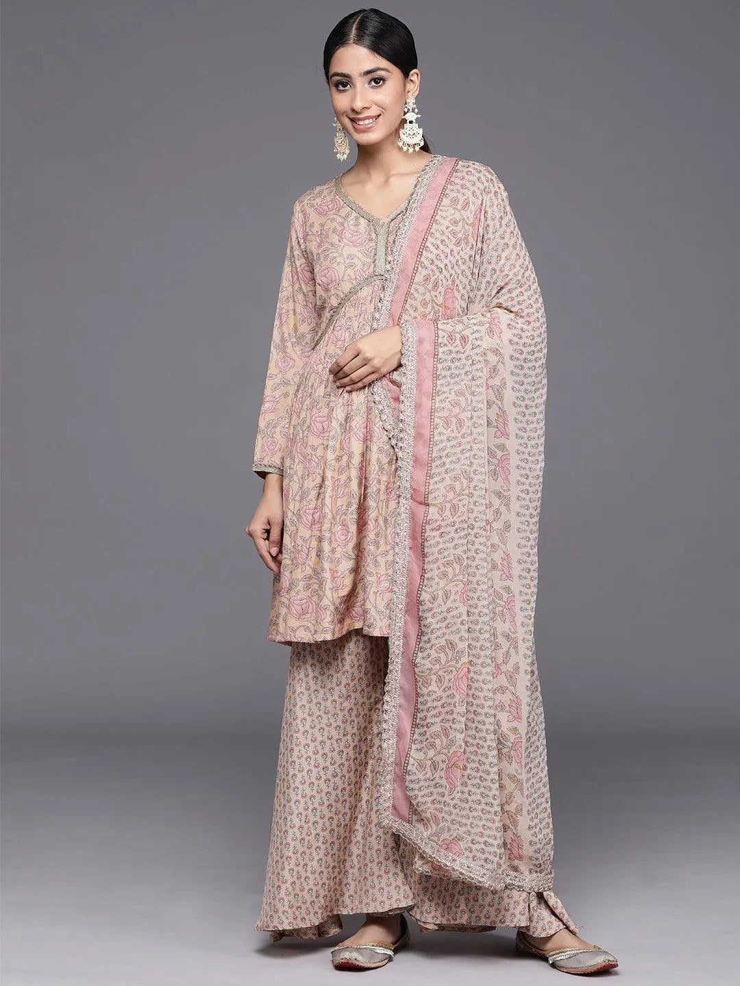 Nude Printed Silk Blend A-Line Kurta With Sharara & Dupatta - Libas 