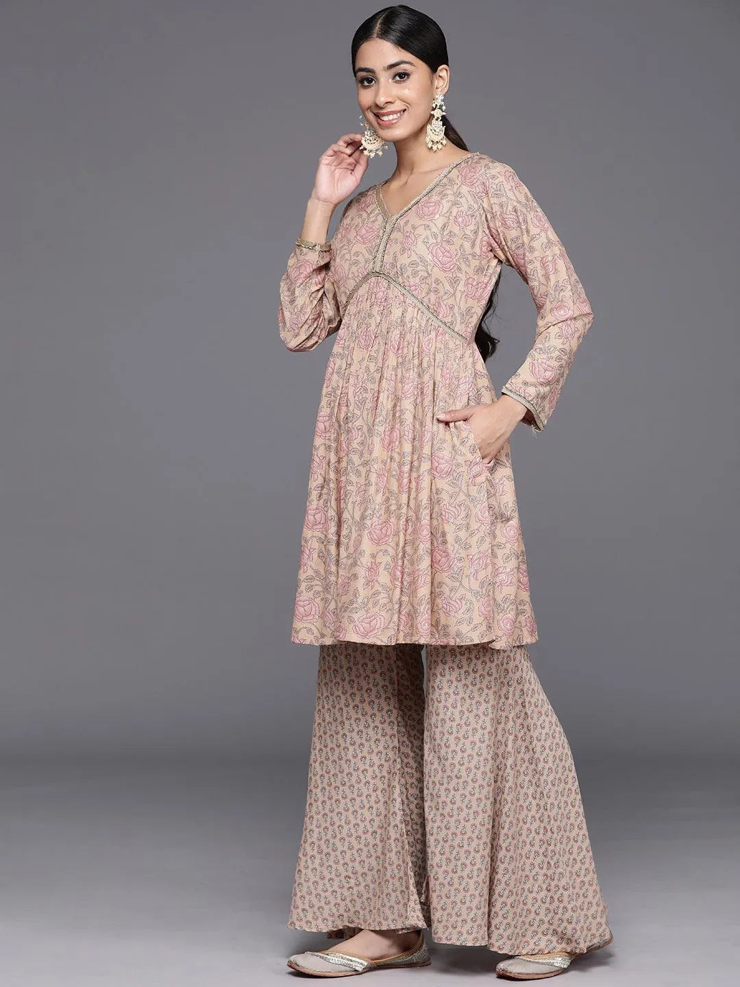 Nude Printed Silk Blend A-Line Kurta With Sharara & Dupatta - Libas 