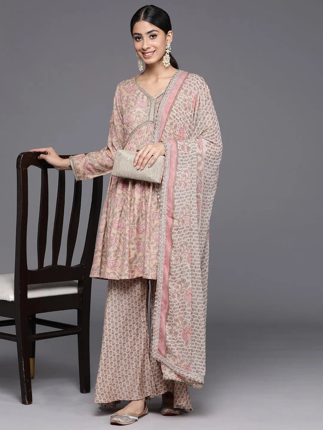 Nude Printed Silk Blend A-Line Kurta With Sharara & Dupatta - Libas 