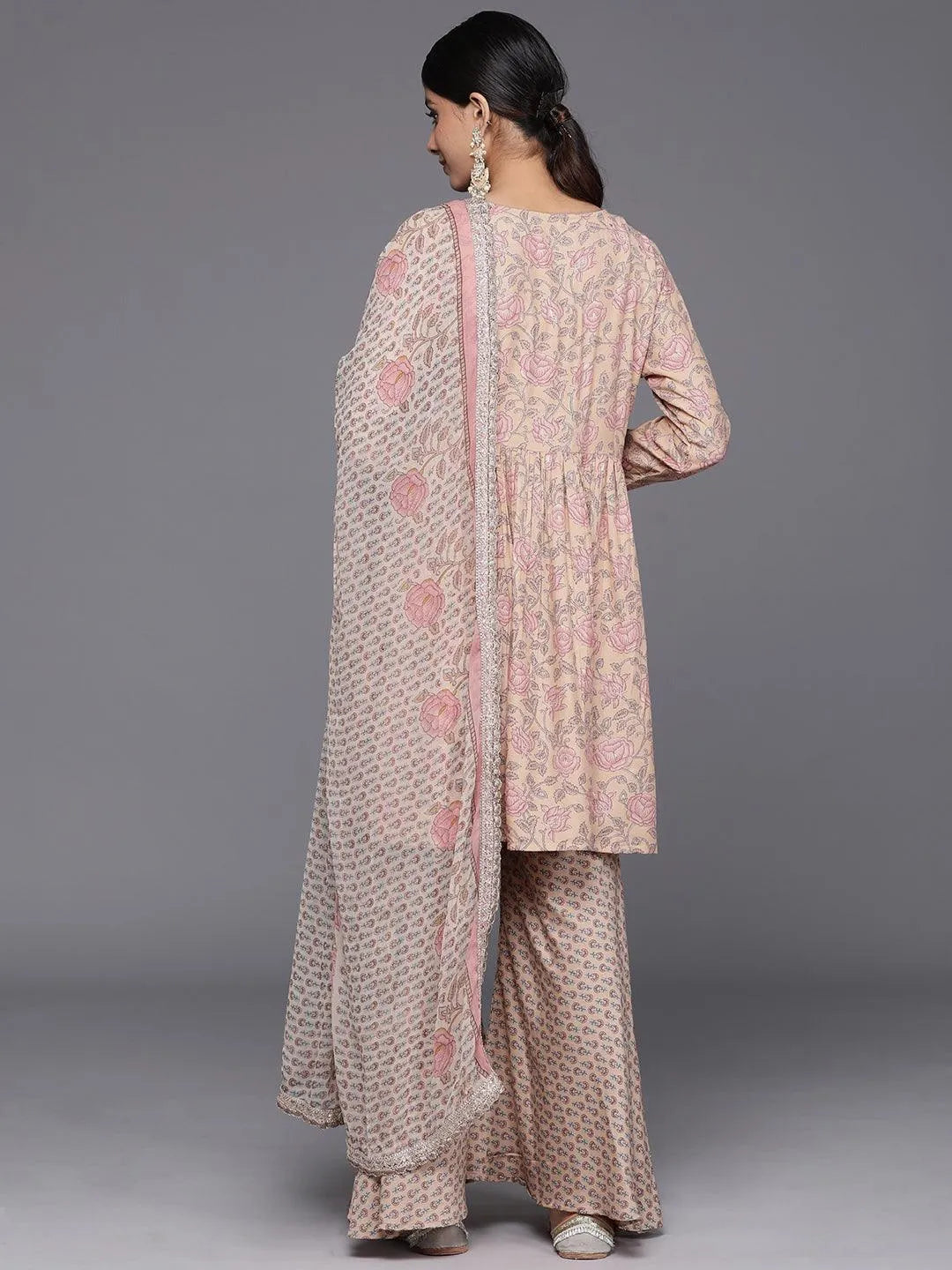 Nude Printed Silk Blend A-Line Kurta With Sharara & Dupatta - Libas 