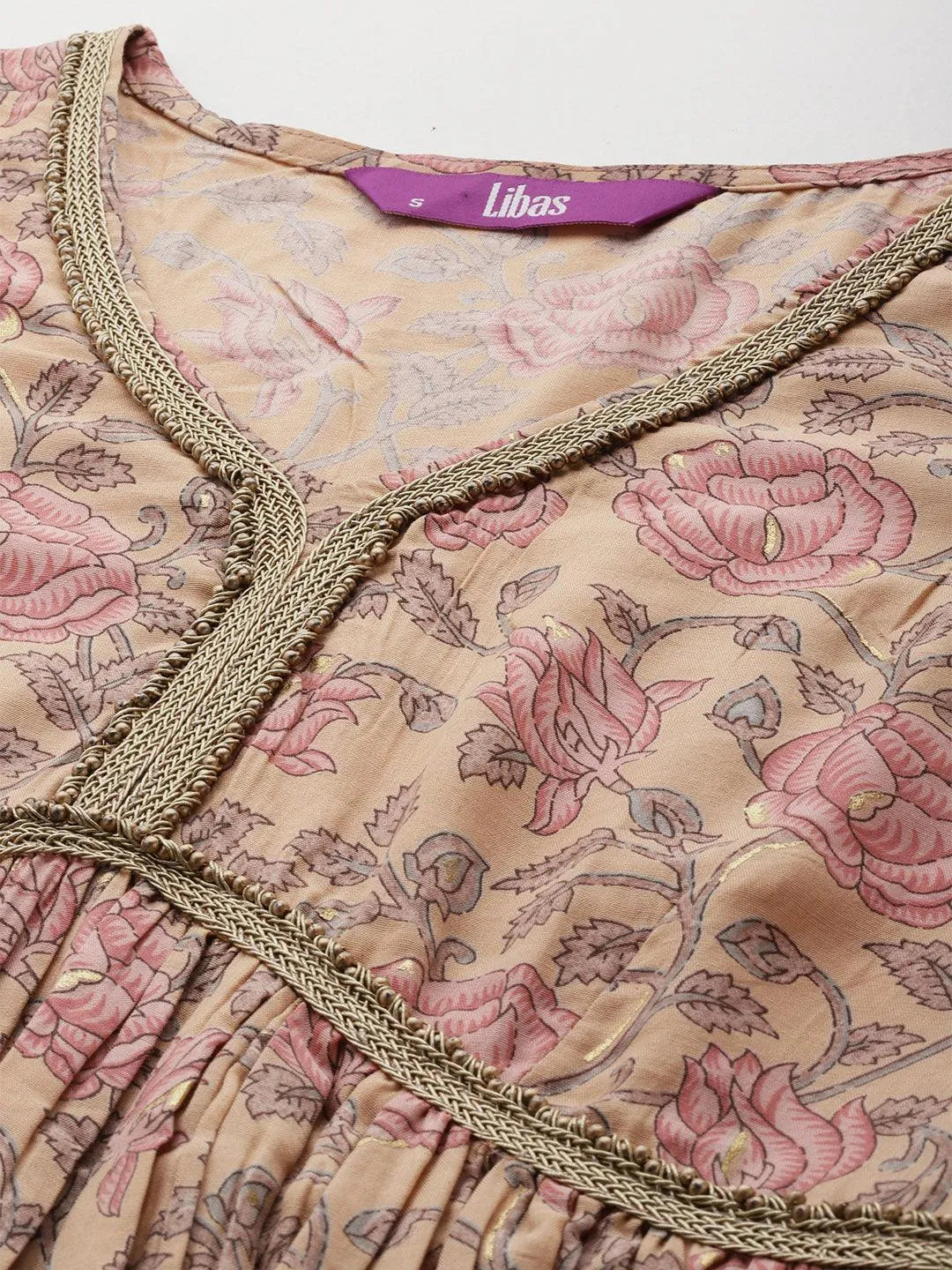 Nude Printed Silk Blend A-Line Kurta With Sharara & Dupatta - Libas 