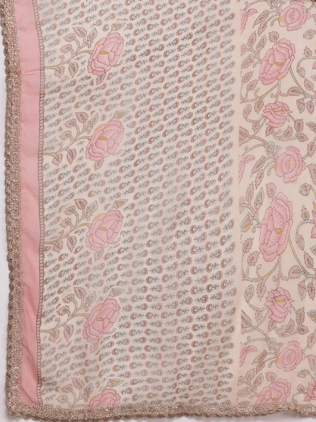 Nude Printed Silk Blend A-Line Kurta With Sharara & Dupatta - Libas 