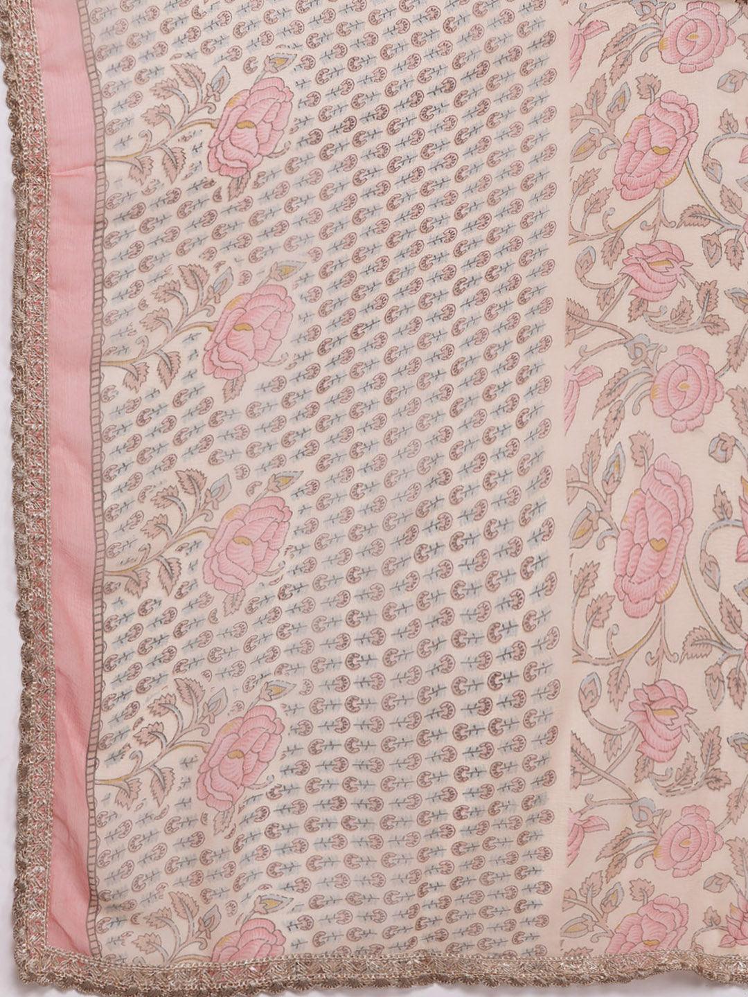 Nude Printed Silk Blend A-Line Kurta With Sharara & Dupatta - Libas