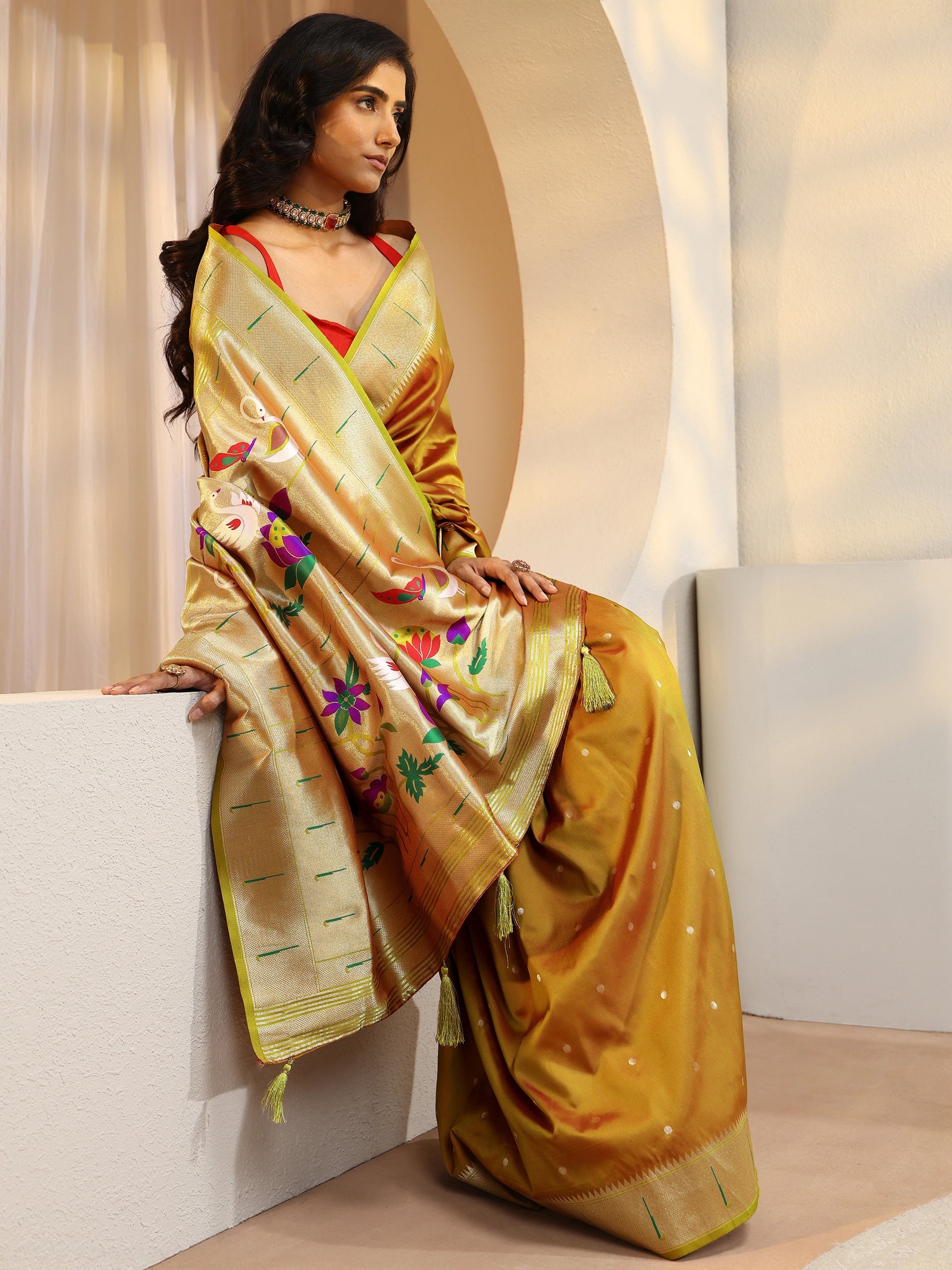Ochre Yellow Silk Blend Paithani Saree-image-7