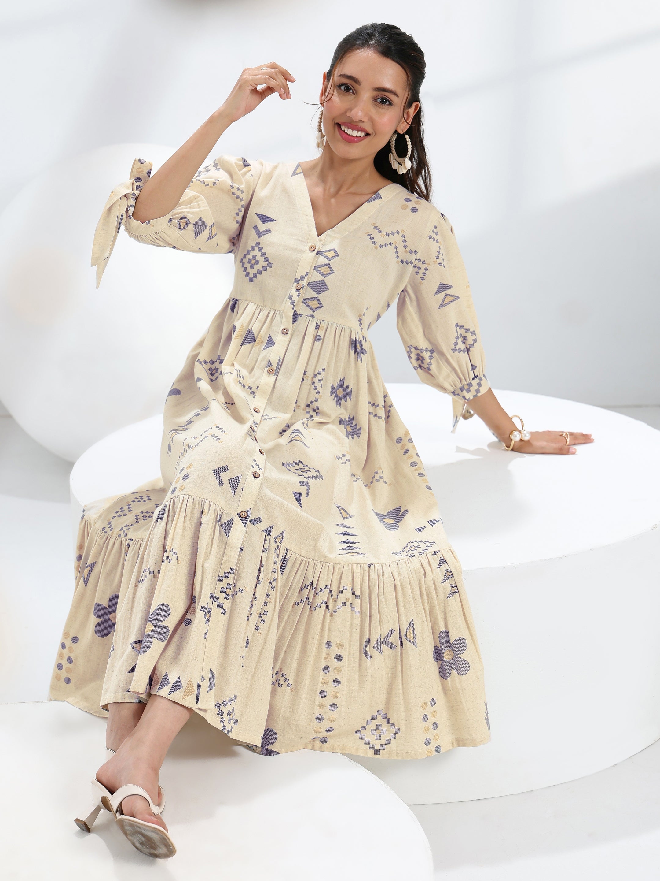 libas Off White Abstract Printed Cotton A-Line One Piece Dress-picture-35