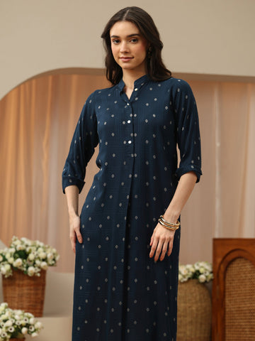 Libas Blue Woven Design Rayon Straight Kurta