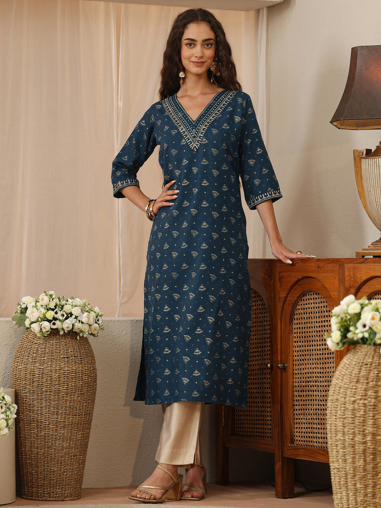 Libas Blue Ethnic Woven Design Cotton Blend Straight Kurta