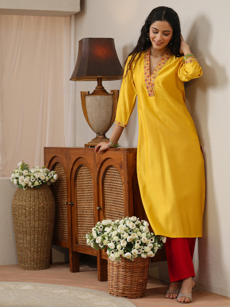 Libas Yellow Yoke Design Silk Blend Straight Kurta
