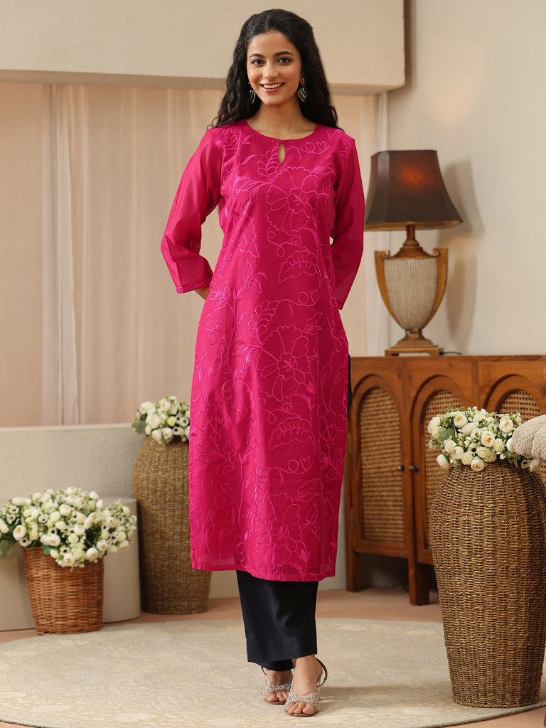 Libas Pink Floral Embroidered Chanderi Silk Straight Kurta