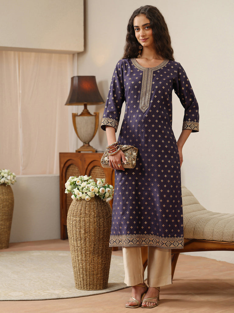 Libas Purple Ethnic Woven Design Chanderi Silk Straight Kurta