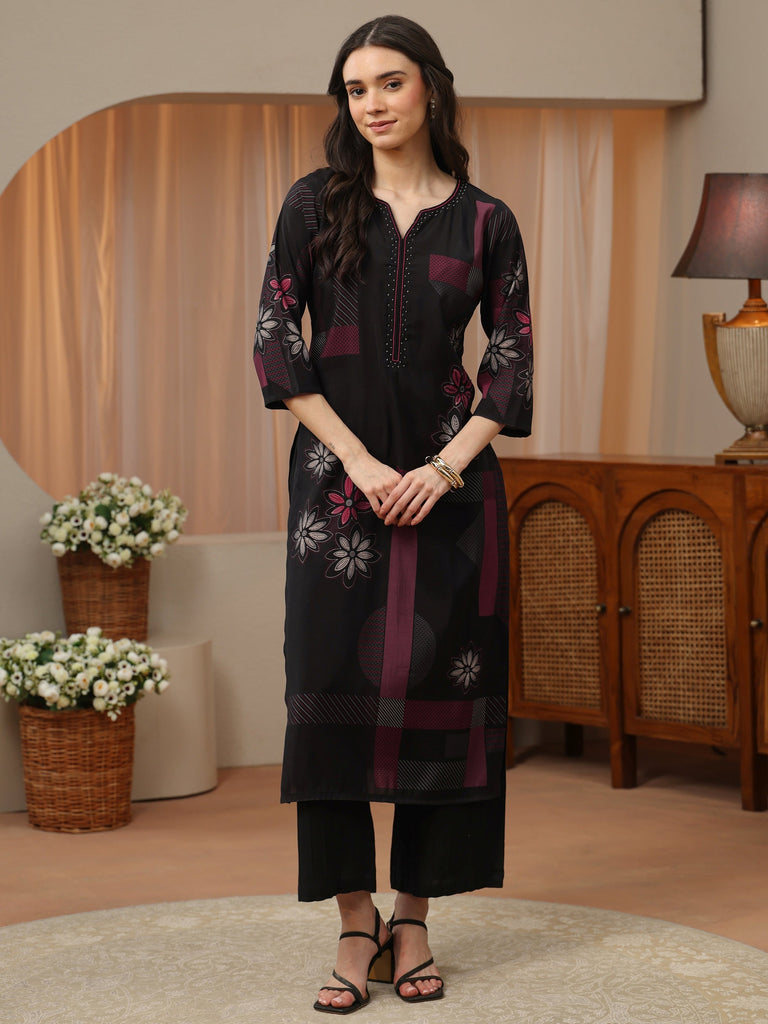 Libas Black Multi Printed Silk Blend Straight Kurta