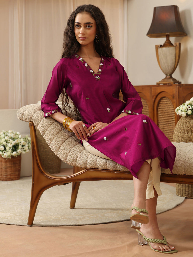 Libas Magenta Floral Embroidered Chanderi Silk Straight Kurta