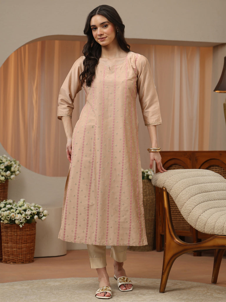 Libas Beige Floral Embroidered Silk Blend Straight Kurta