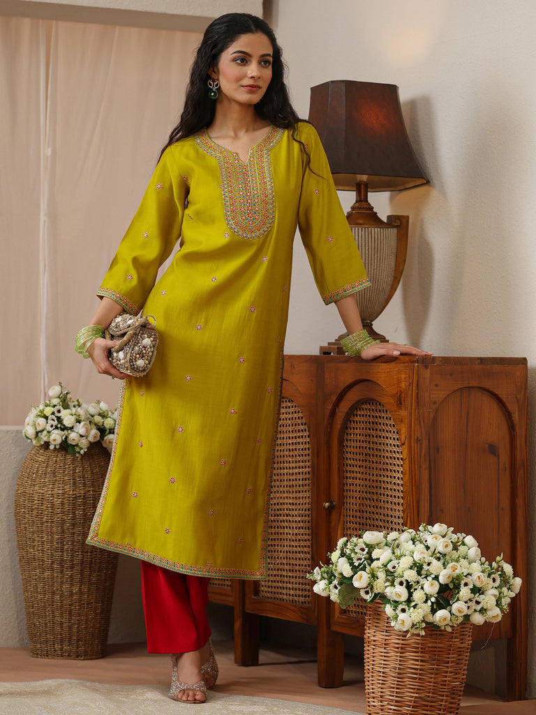 Libas Green Ethnic Embroidered Silk Blend Straight Kurta
