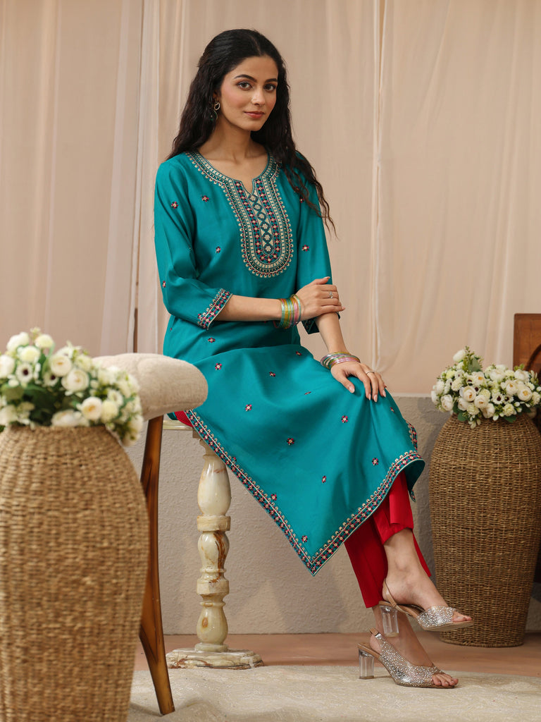 Libas Turquoise Embroidered Silk Blend Straight Kurta