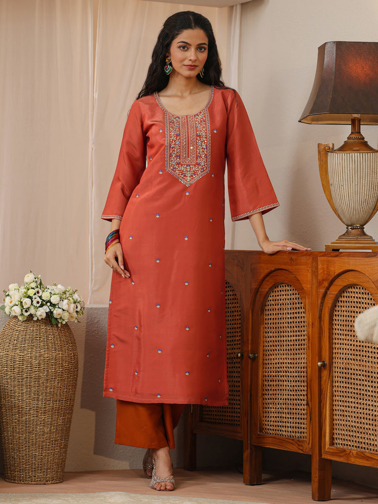 Libas Burnt Orange Embellished Yoke Silk Blend Straight Kurta