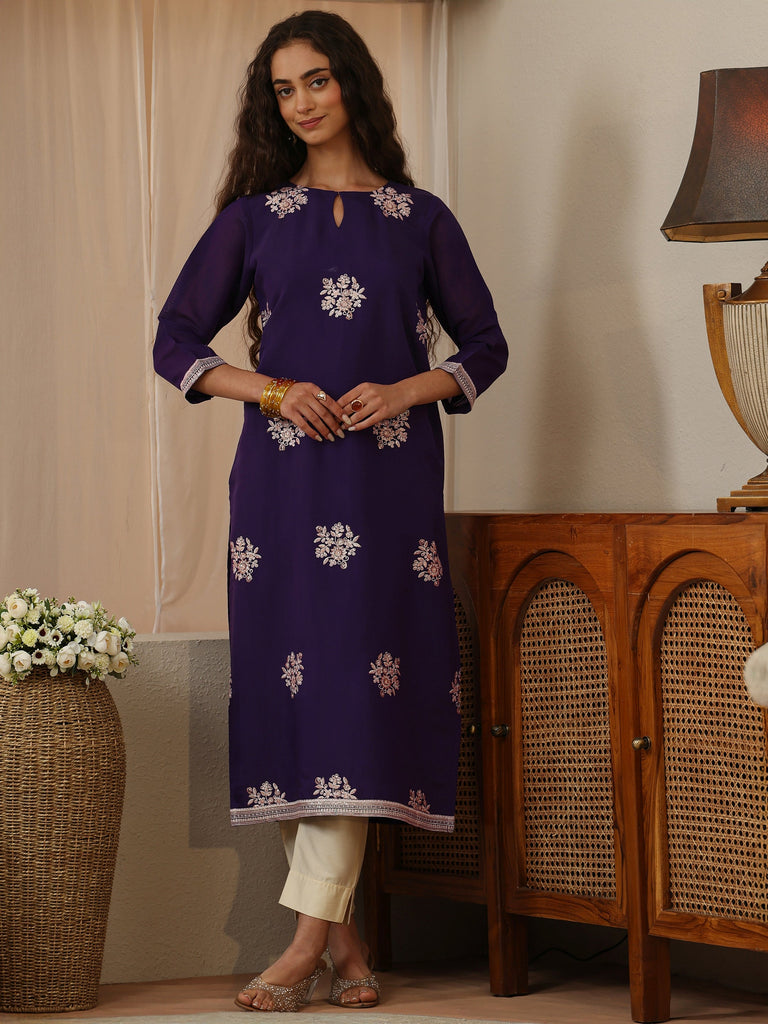 Libas Purple Floral Embroidered Chanderi Cotton Straight Kurta