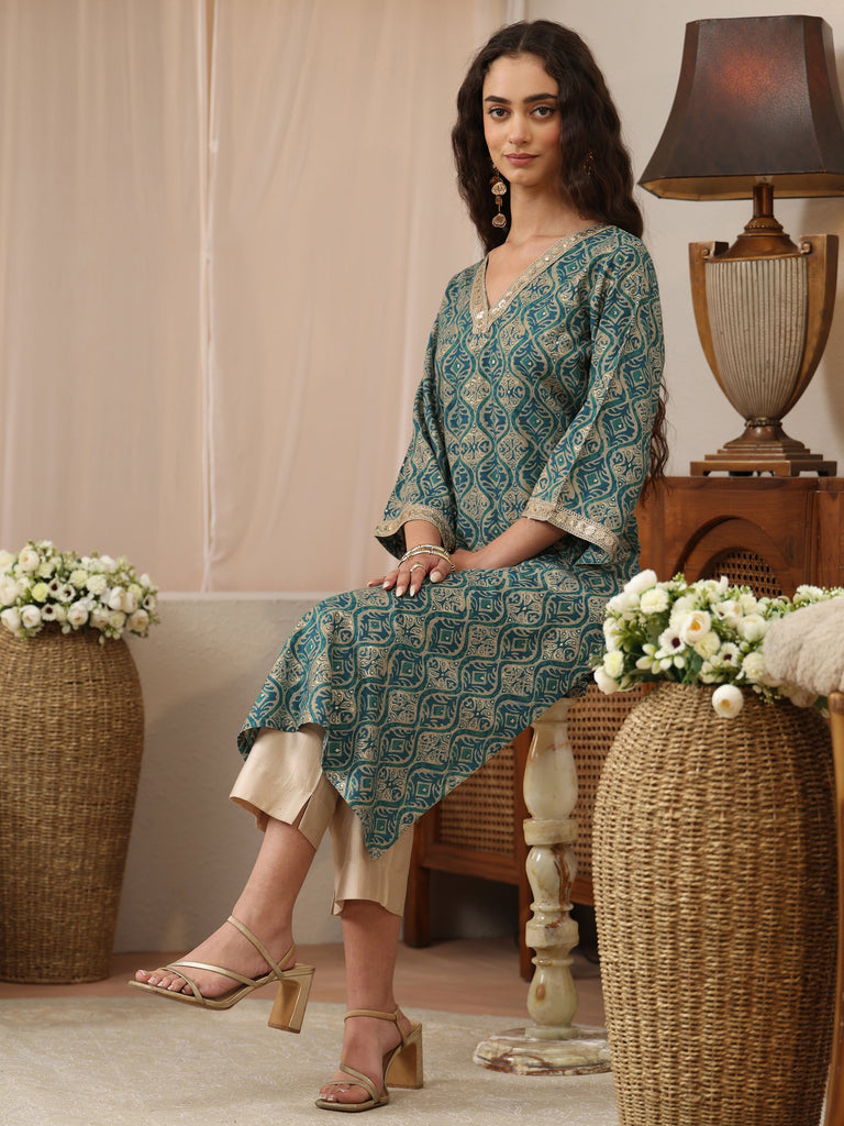 Libas Teal Green Printed Rayon Straight Kurta