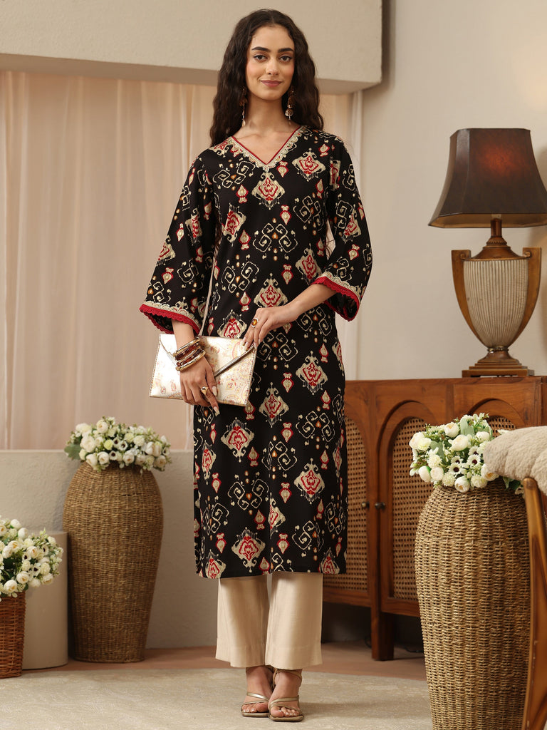 Libas Black Patola Ikat Printed Rayon Straight Kurta