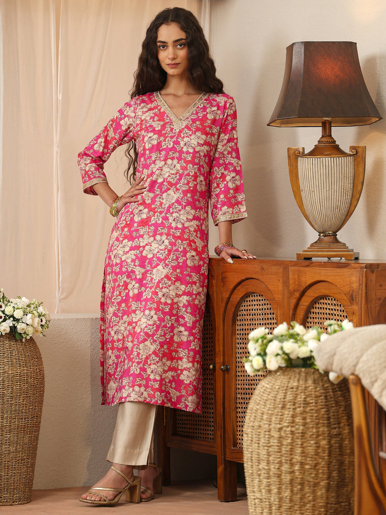 Libas Pink Floral Printed Rayon Straight Kurta