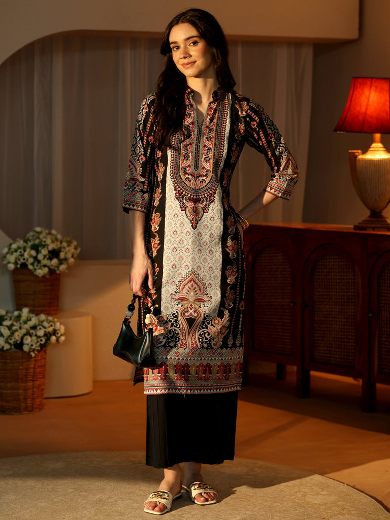 Libas Black Floral Printed Cotton Blend Straight Kurta