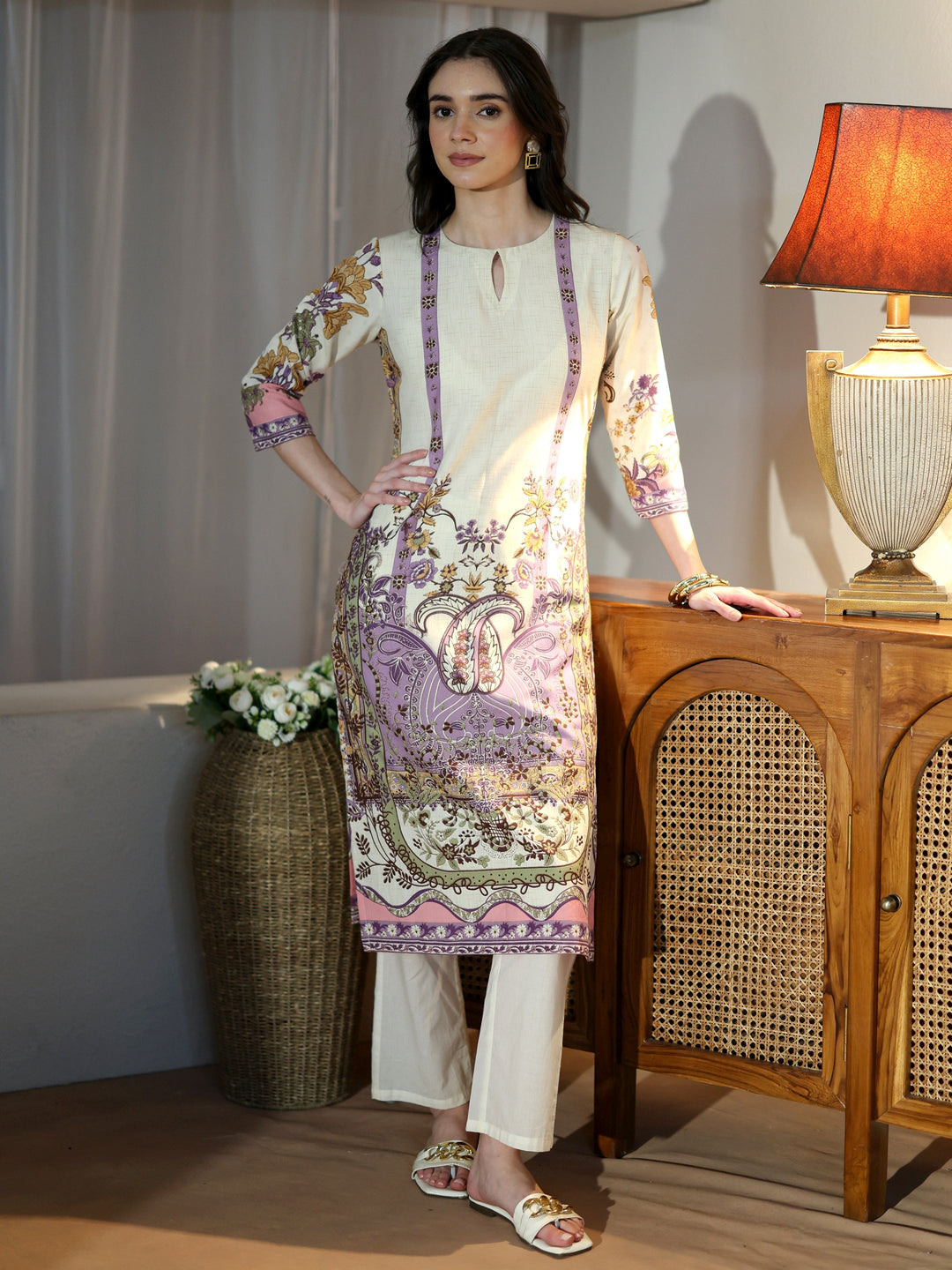  Off White Abstract Printed Panelled A-Line Kurta 