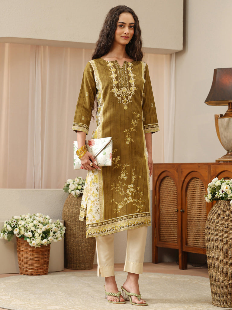 Libas Olive Green Floral Printed cotton Blend Straight Kurta