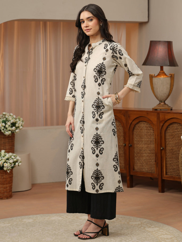 Libas Ivory and Black Ikat Print Cotton Straight Kurta