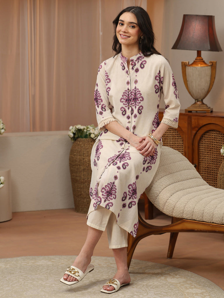 Libas Ivory and Purple Ikat Print Cotton Straight Kurta