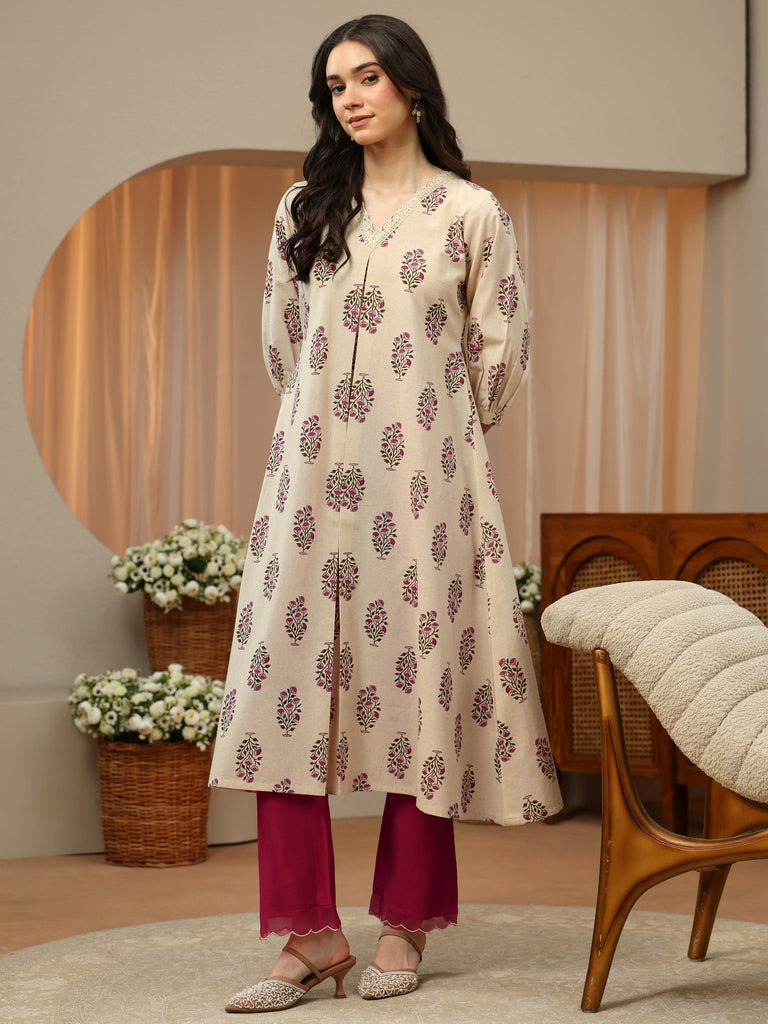 Libas Ivory Floral Printed Cotton A-Line Kurta
