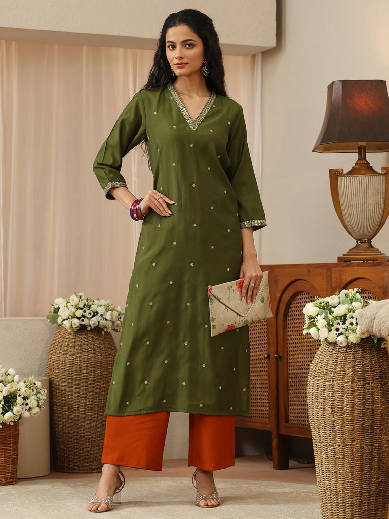 Libas Leaf Green Embroidered Silk Blend Straight Kurta