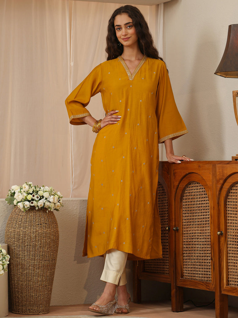 Libas Ochre Yellow Embroidered Silk Blend Straight Kurta