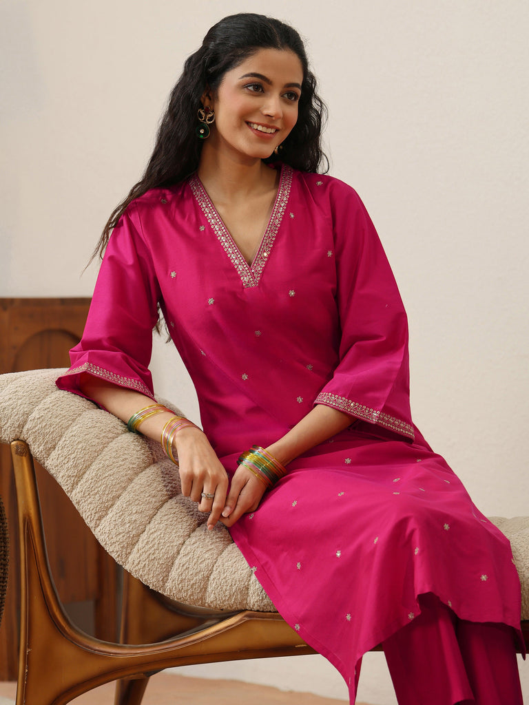 Libas Fuchsia Pink Embroidered Silk Blend Straight Kurta