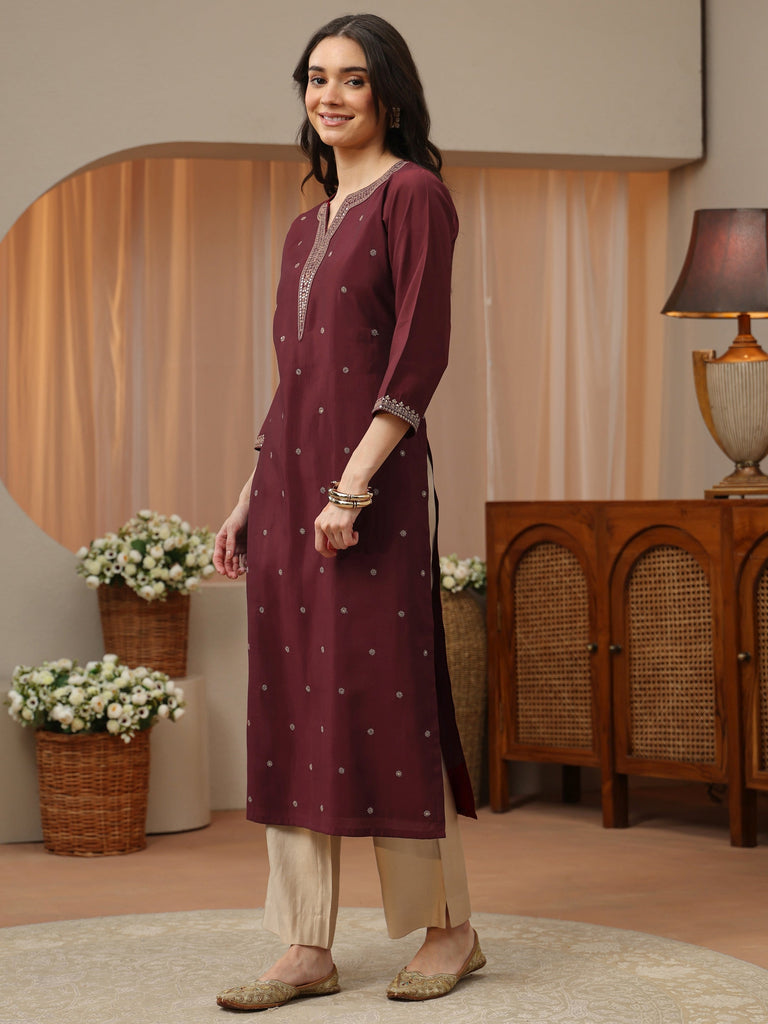 Libas Mahogany Red Embroidered Silk Blend Straight Kurta