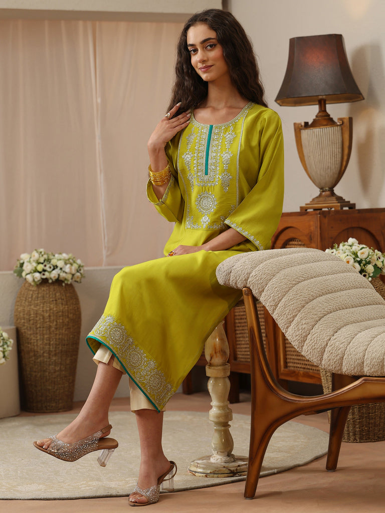 Libas Lime Green Silk Blend Straight Kurta with Embellished Yoke