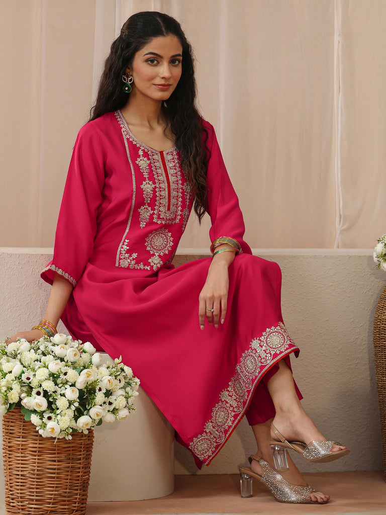 Libas Fuchsia Pink Silk Blend Straight Kurta with Embellished Yoke