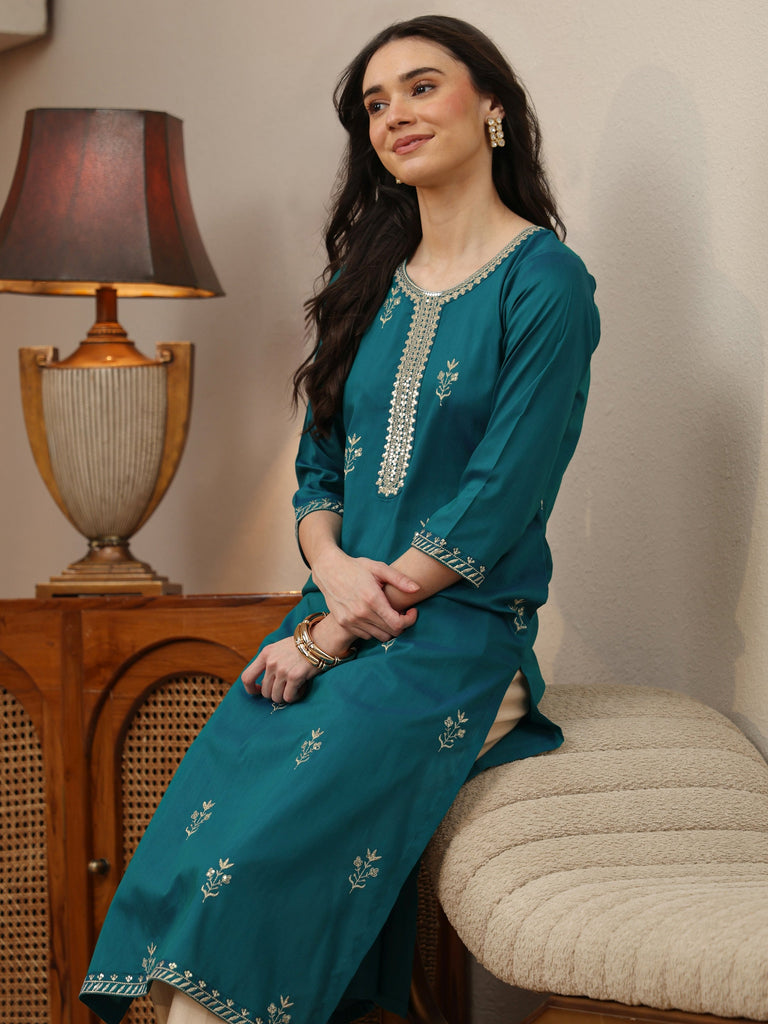 Libas Aqua Blue Floral Embroidered Silk Blend Straight Kurta
