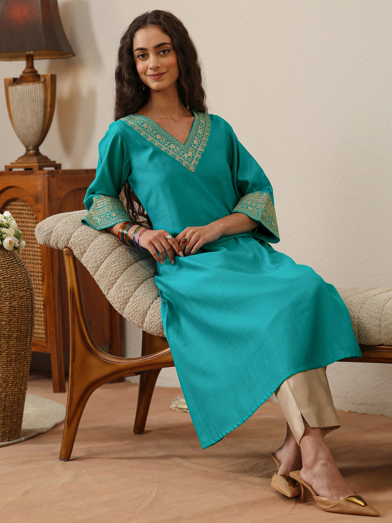 Libas Turquoise Blue Floral Embroidered Silk Blend A-Line Kurta