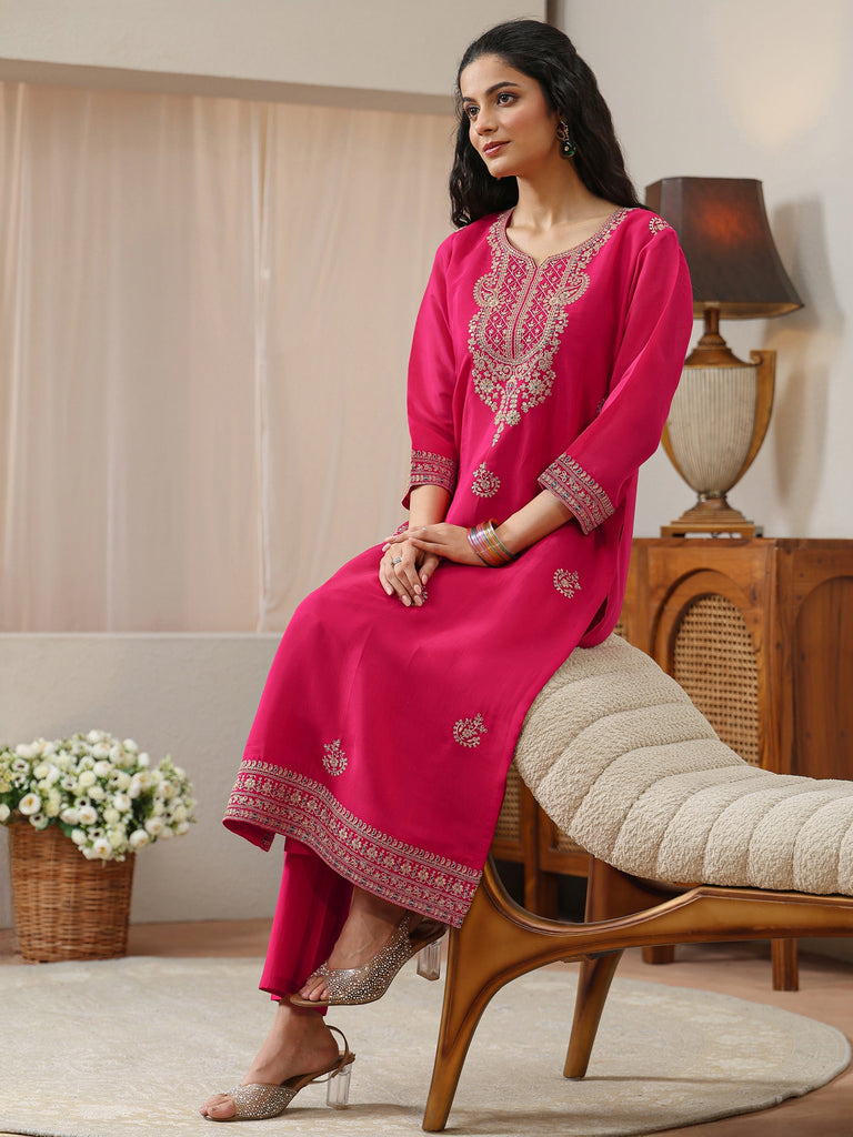 Libas Fuchsia Pink Floral Embroidered Silk Blend Straight Kurta
